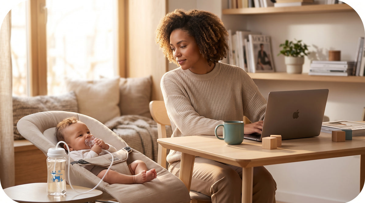 Calmoo® Hands-Free Baby Bottle for busy parents