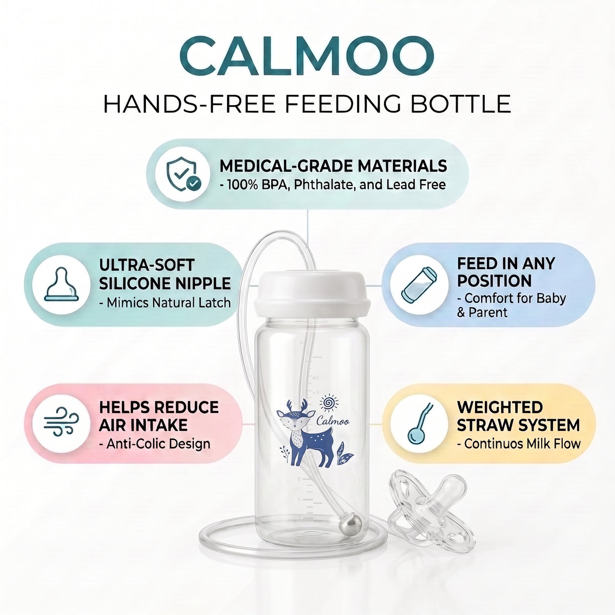 Calmoo® Hands-Free Baby Bottle for busy parents